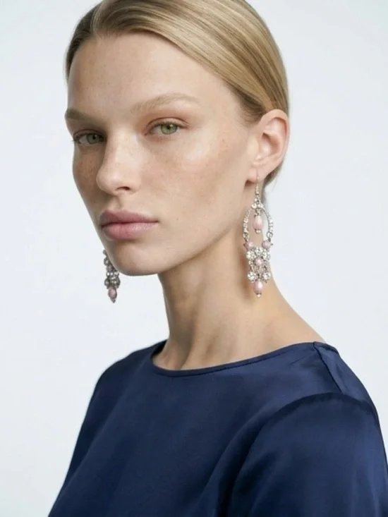 paparazzi Pink Pearl and Crystal Chandelier Earrings - Picture 2 of 2